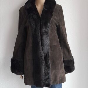 Women's Brown Suede Rabbit Fur Trim Coat